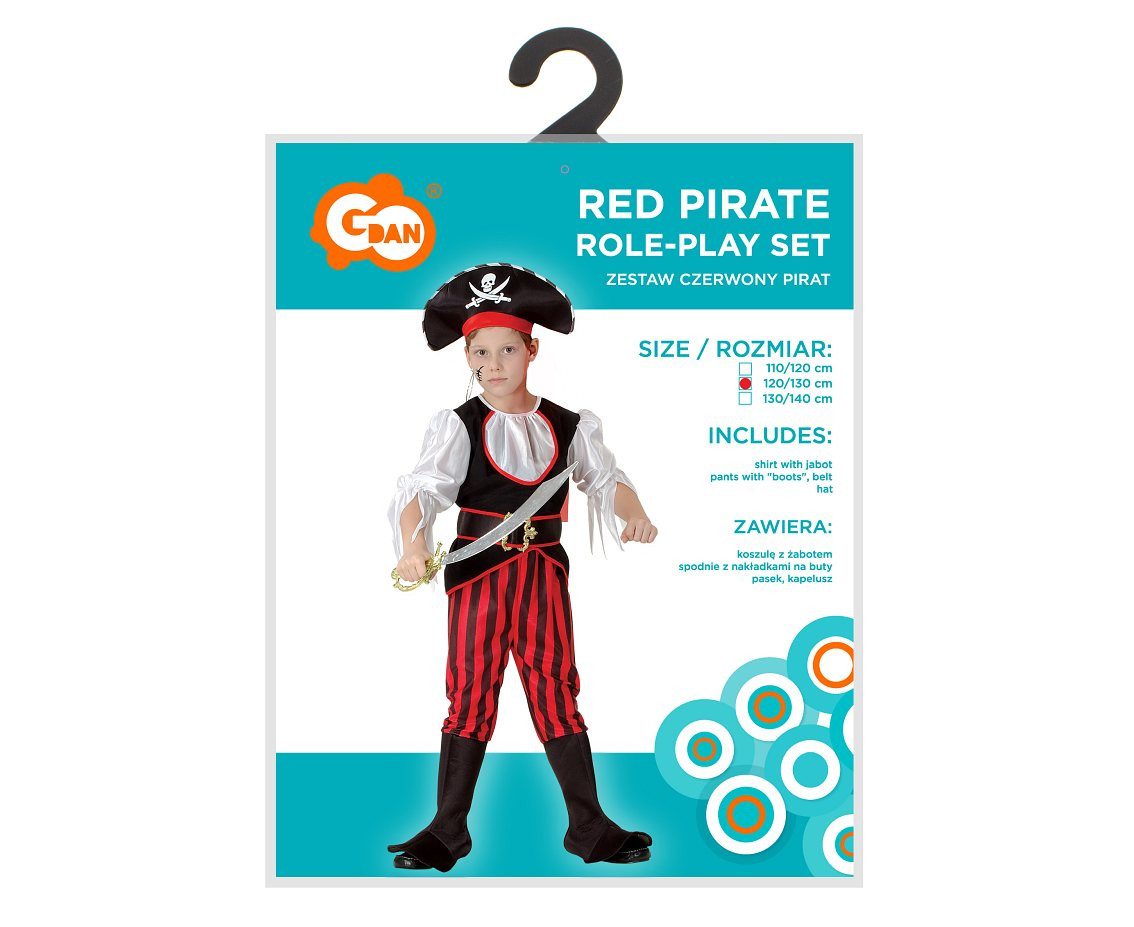 Role play-set for kids Red Pirate (shirt with jabot, pants with "boots", belt, hat with headband), size 120/130 cm EOL